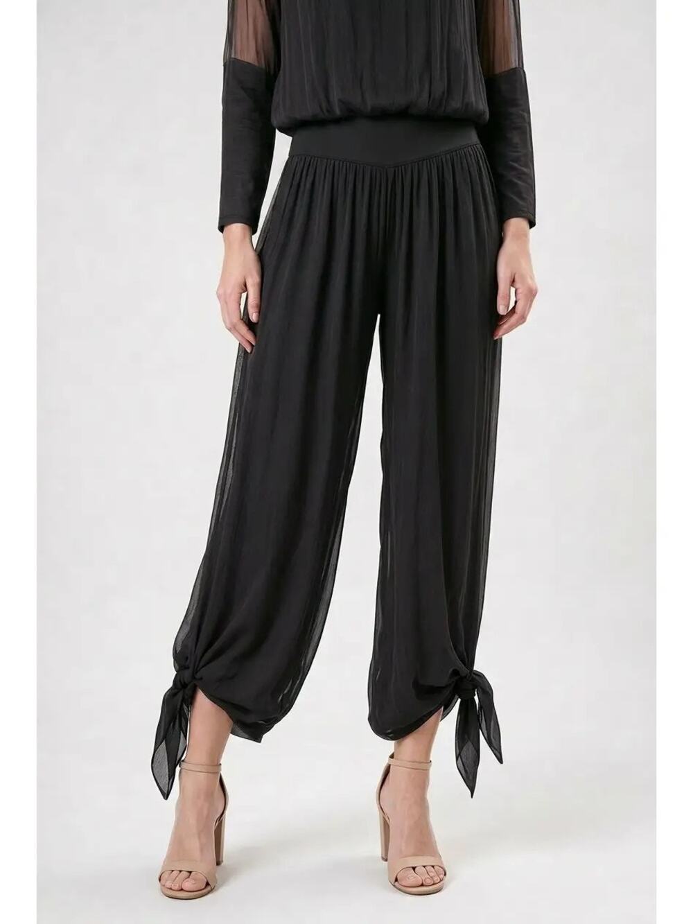 NWT Tina Stephens Eva Silk Pant Made in Italy Side Slit Tie One Size BLACK